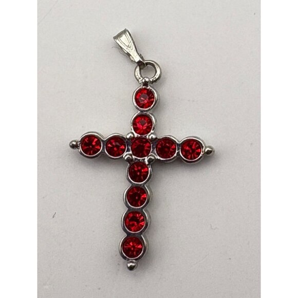 Vintage Silver Tone Cross Pendant Garnet Red Rhinestones Religious Christian - Picture 6 of 6